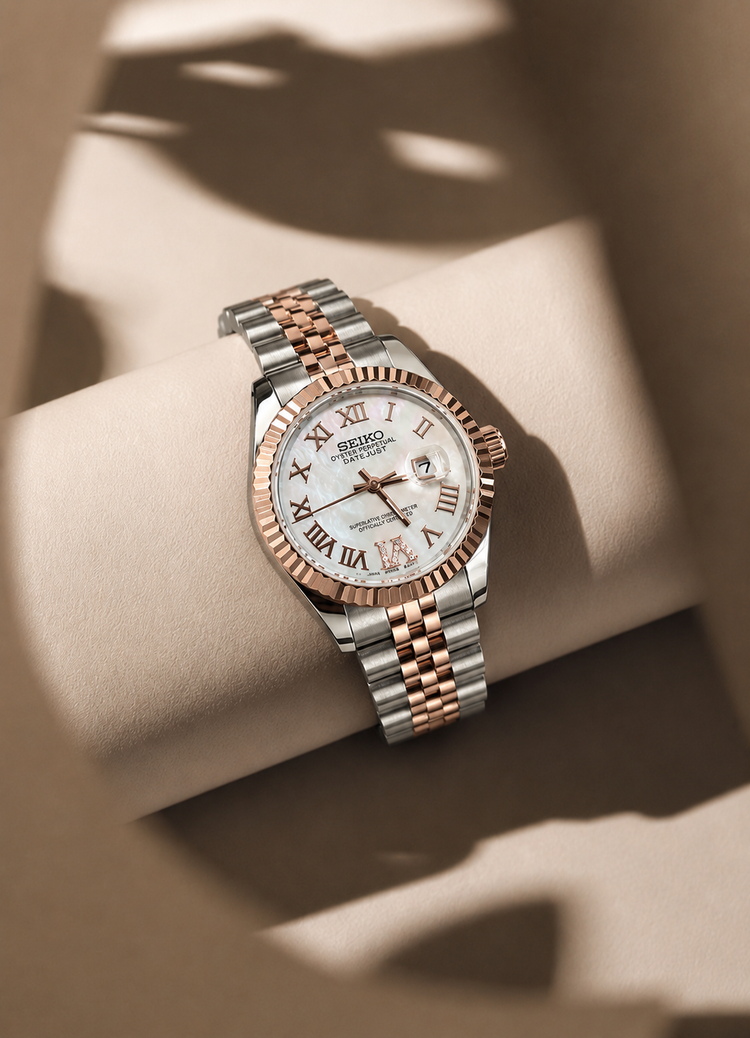Custom Seiko Elysian Crown Two Tone Rose Gold Roman automatic watch, 31mm