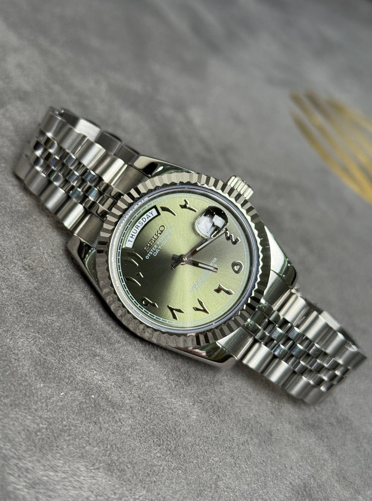 Custom Seiko DayDate style – Arabic Numerals automatic watch, Olive Green dial, 40mm