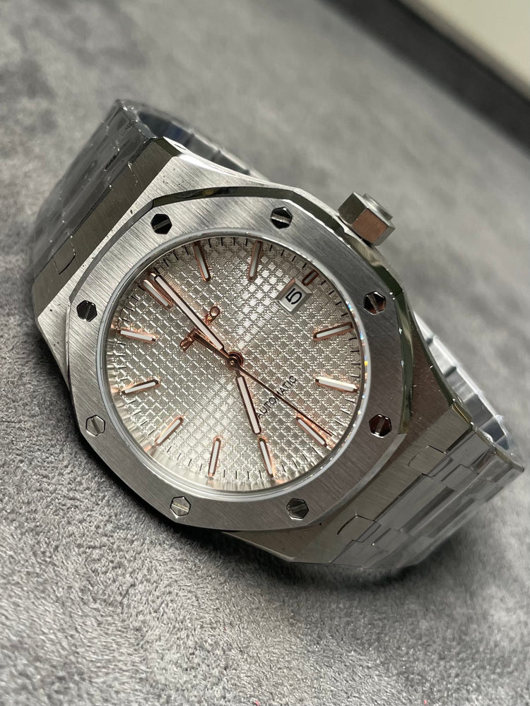 Custom Seiko octagonal bezel Rose Gold automatic watch, White dial