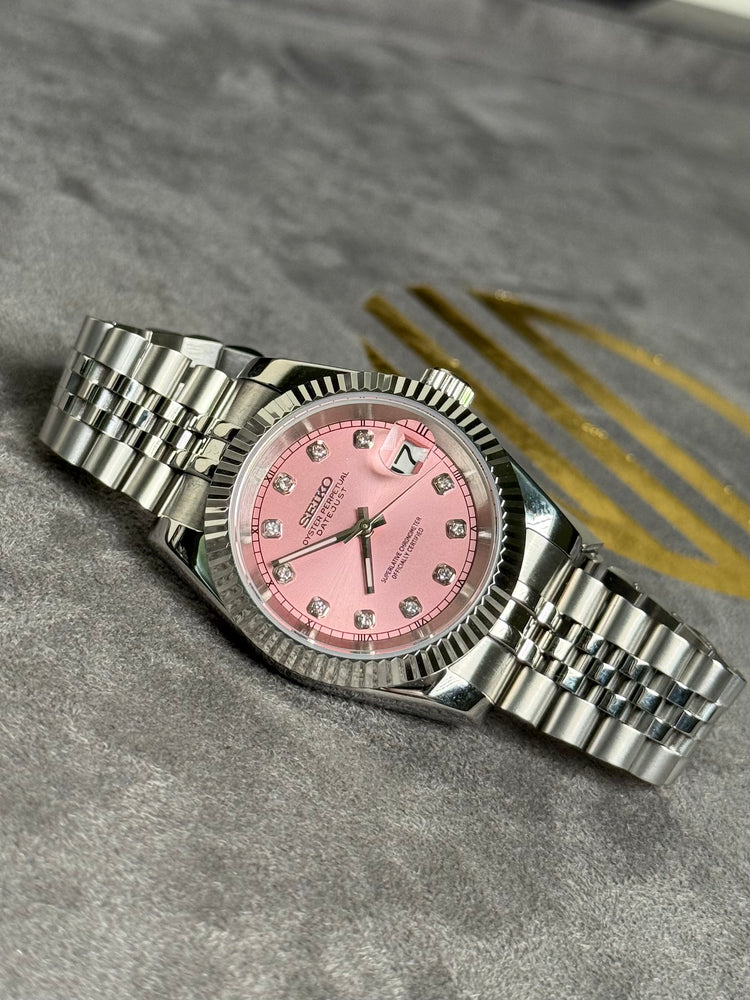 Custom Seiko DateJust style automatic watch, Pink dial, stone numerals, 39mm