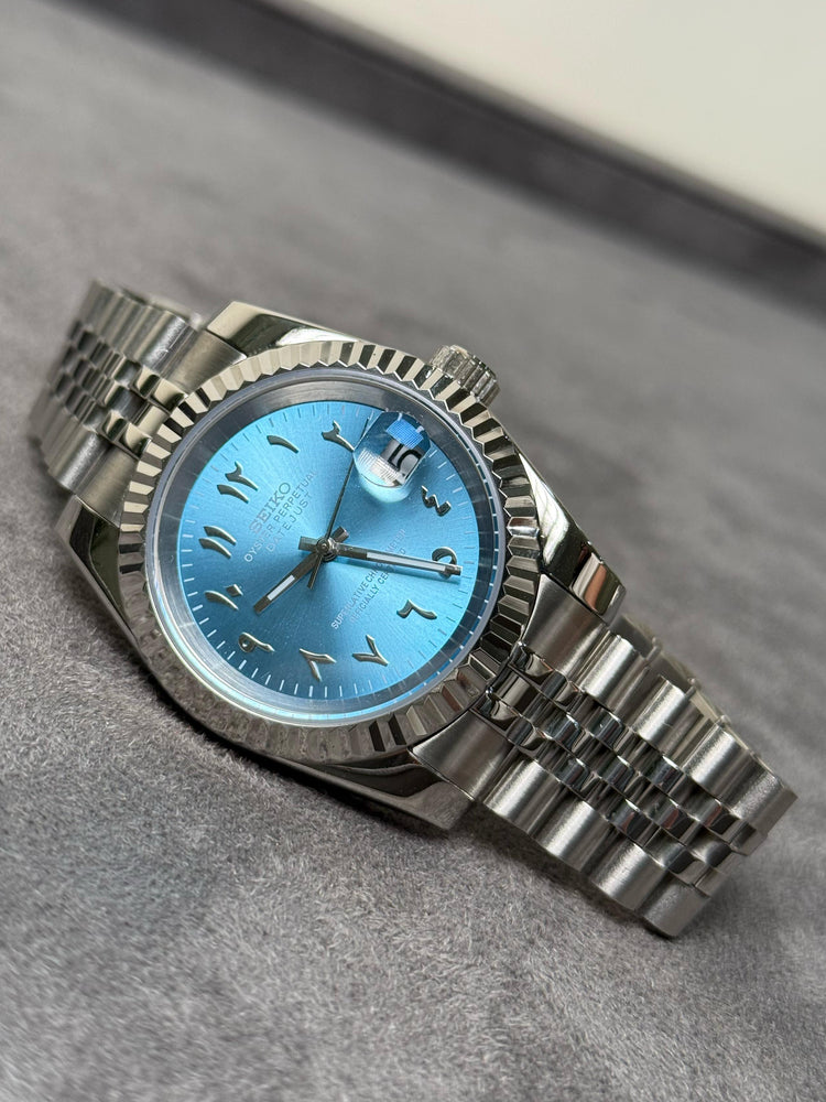 Custom Seiko DateJust style Arabic Numerals automatic watch, Sky Blue dial, 39mm