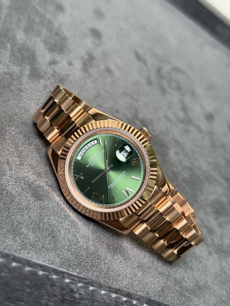 Custom Seiko Emerald DayDate style automatic watch, Rose Gold dial