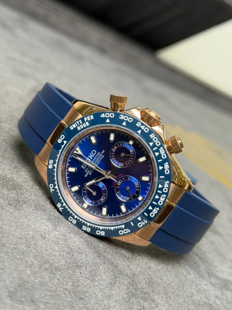 Custom Seiko Phantom Rubber chronograph watch, Blue dial, rubber strap, 40mm