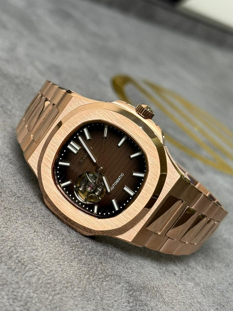 Custom Seiko porthole style Open Heart automatic watch, Rose Gold dial, open-heart dial, 41mm