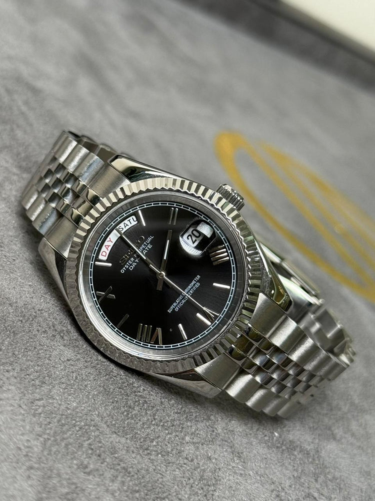 Custom Seiko DayDate style – Romanian Numerals automatic watch, Black dial