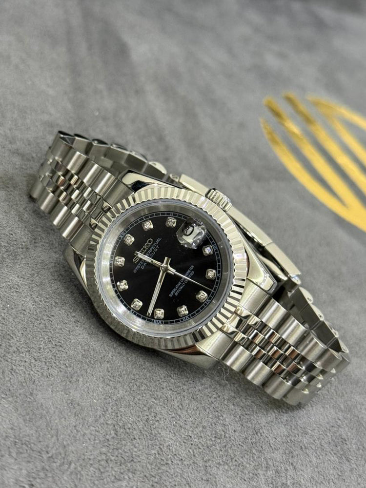 Custom Seiko DateJust style automatic watch, Black dial, stone numerals, 39mm
