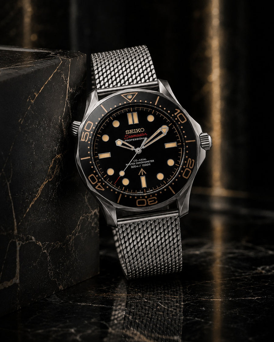 Seiko Amber Dusk three-quarter view on green marble