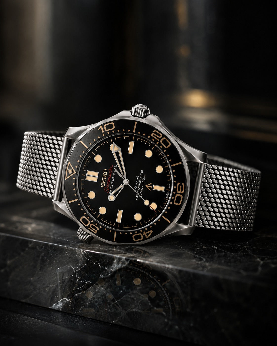 Seiko Amber Dusk resting on dark stone in warm, fading light