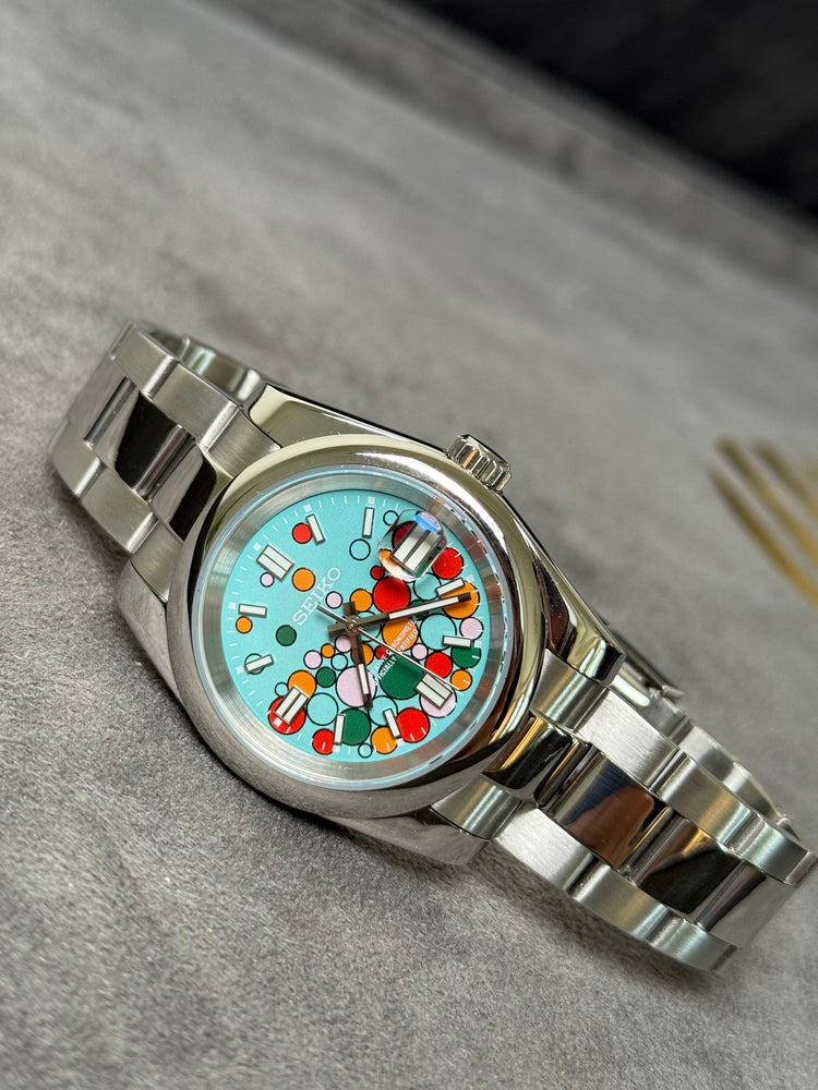 Custom Seiko OP Bubbles automatic watch, turquoise dial, 40mm
