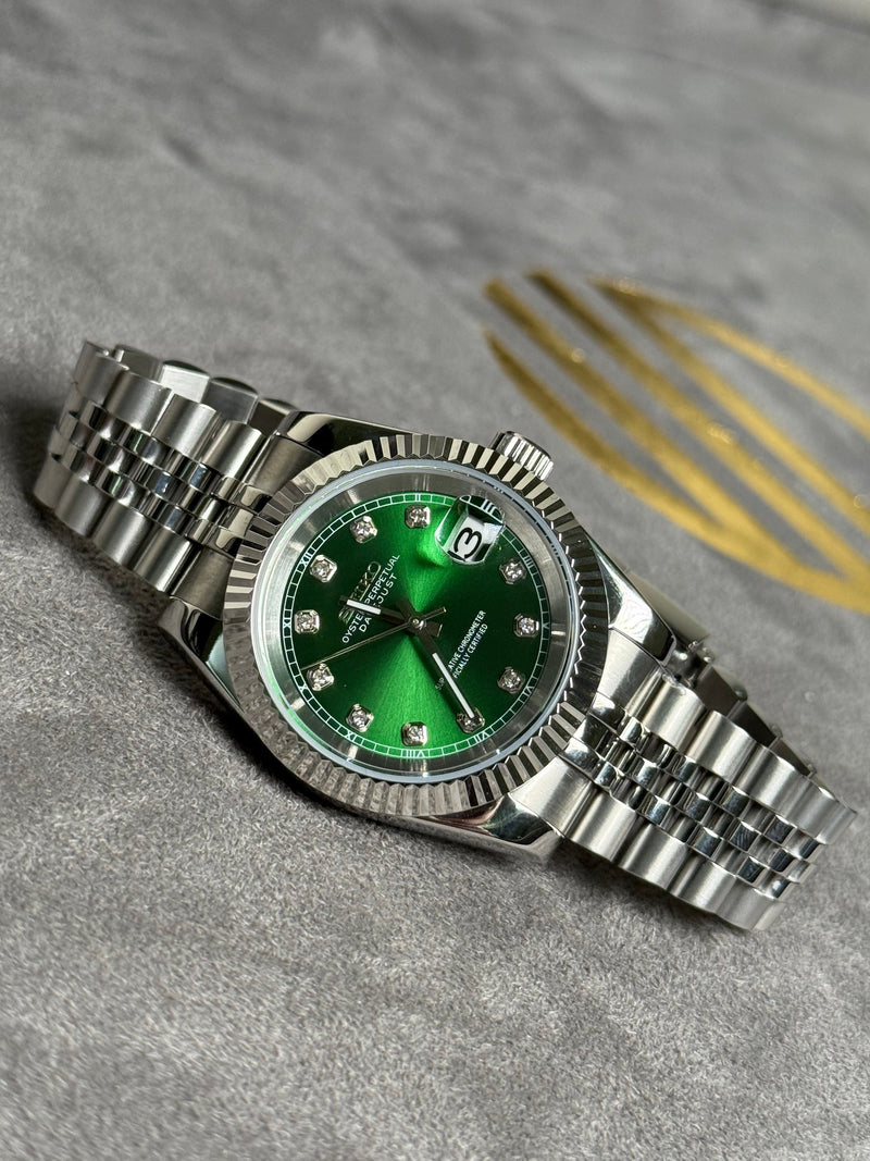 Custom Seiko DateJust build with emerald green dial and stone numerals, 39mm - Watchdial UAE