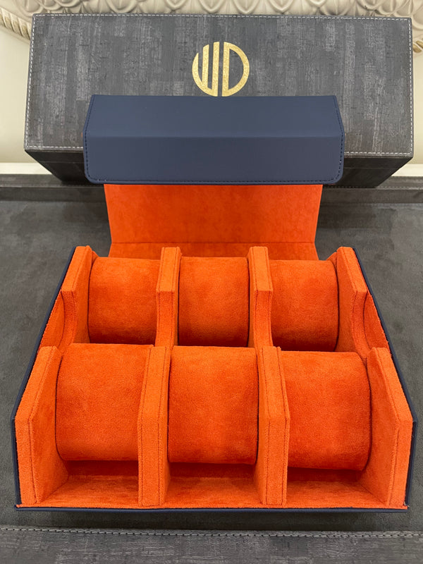 Watch Box Navy blue & Orange 6 Slots