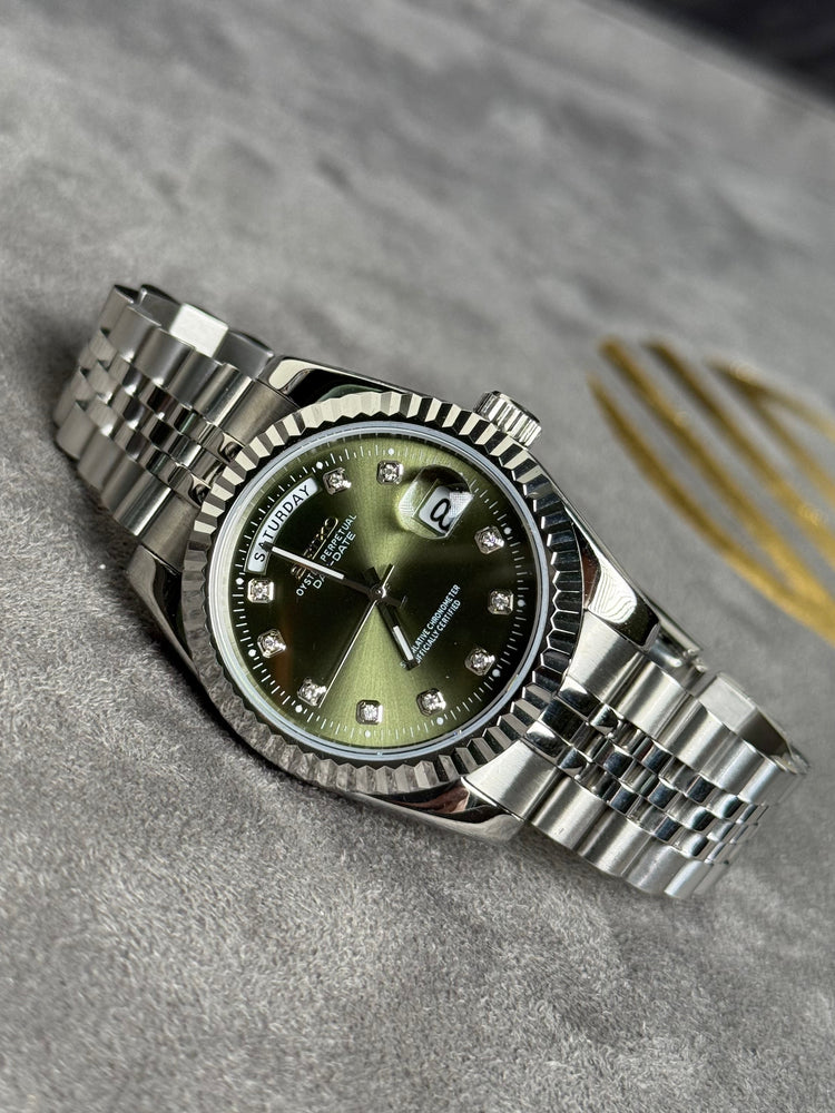 Custom Seiko DayDate style – Stone Numerals automatic watch, Olive Green dial, stone numerals, 40mm
