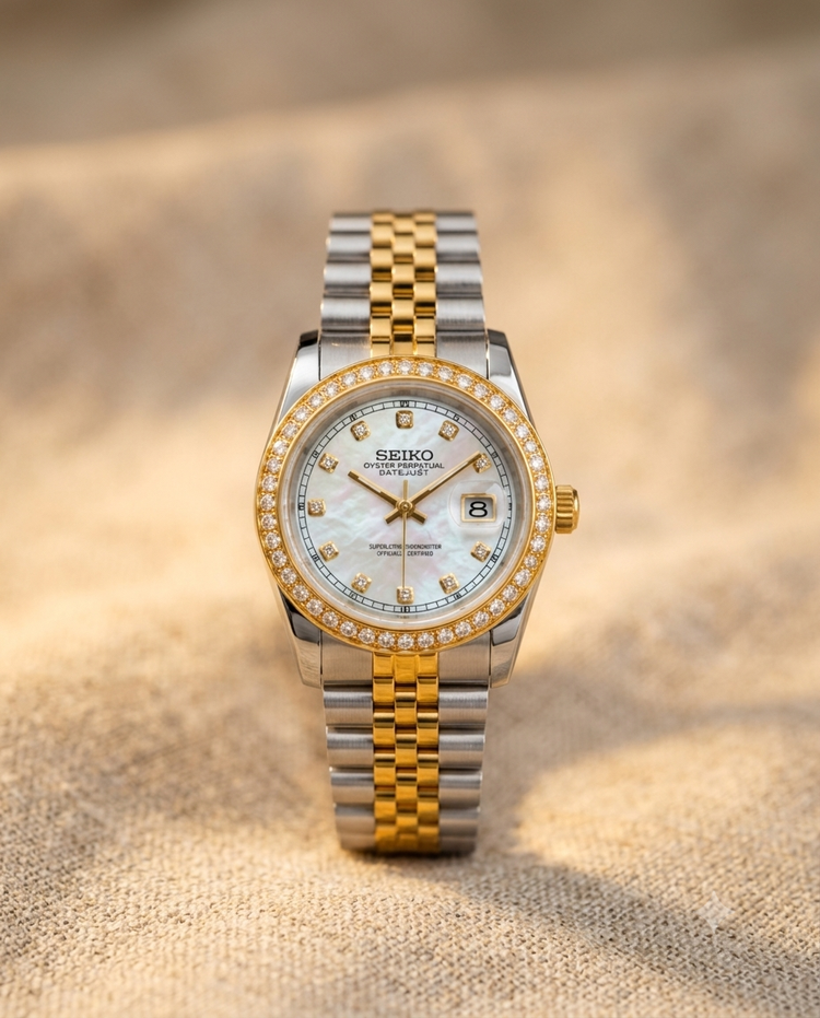 Custom Seiko Elysian Pearl Crown Two Tone Golden Stone automatic watch, 31mm