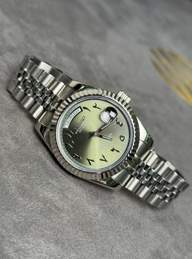 Custom Seiko DayDate build with olive green Arabic dial, 40mm - Watchdial UAE