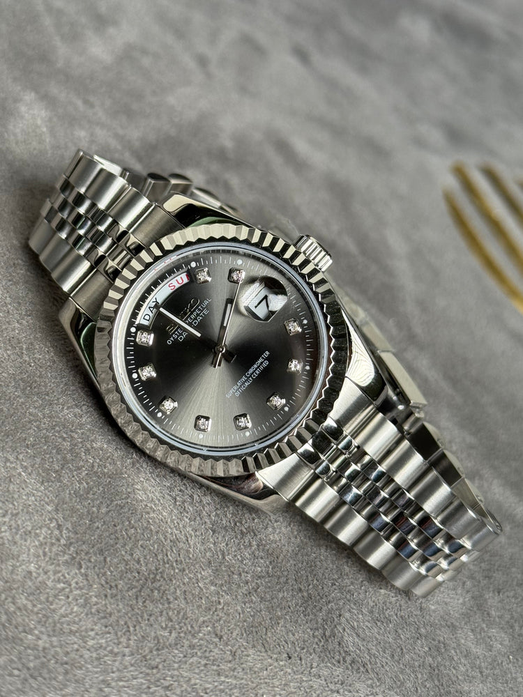 Custom Seiko DayDate style – Stone Numerals automatic watch, Grey dial, stone numerals, 40mm