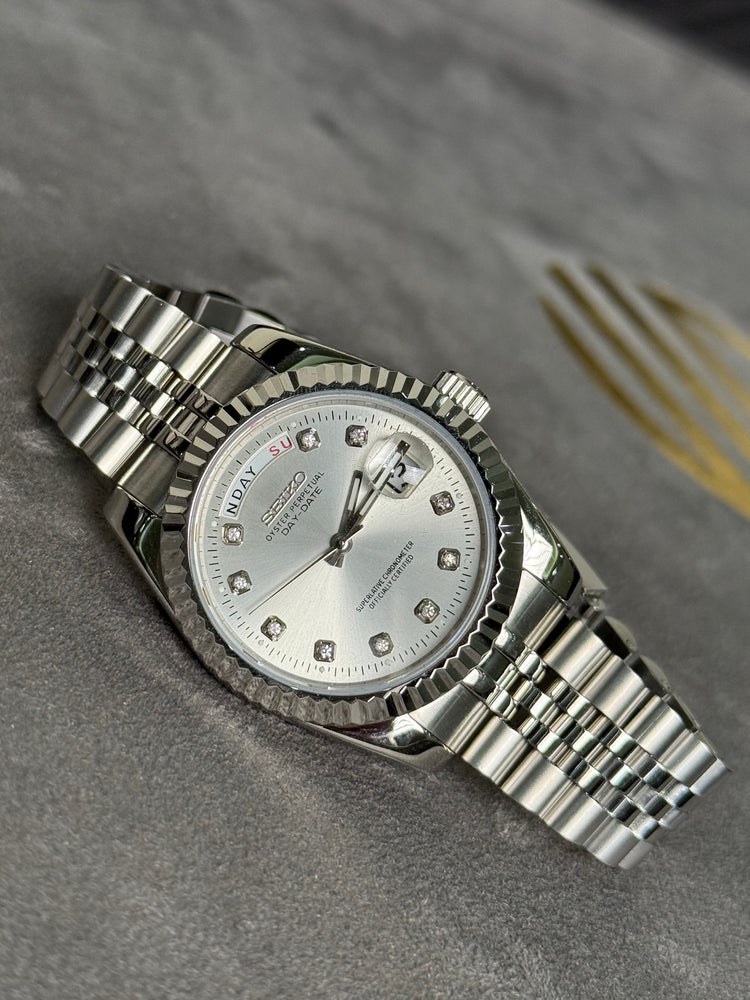 Custom Seiko DayDate style – Stone Numerals automatic watch, Silver dial, stone numerals, 40mm