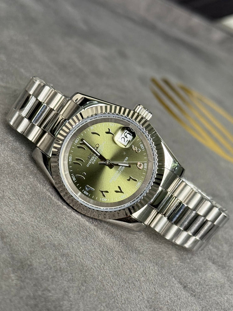 Custom Seiko DateJust style Arabic Numerals automatic watch, Olive Green dial, 39mm