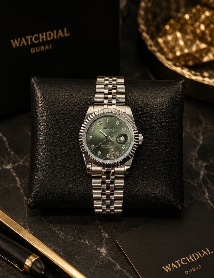 Custom Seiko DateJust style automatic watch, Olive Green dial, 31mm