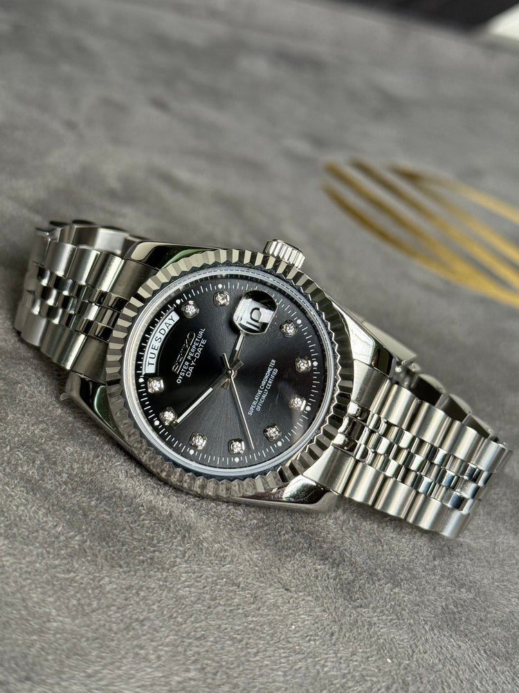 Custom Seiko DayDate style – Stone Numerals automatic watch, Black dial, stone numerals, 40mm