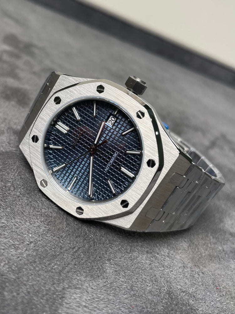 Custom Seiko octagonal bezel Dark automatic watch, Blue dial