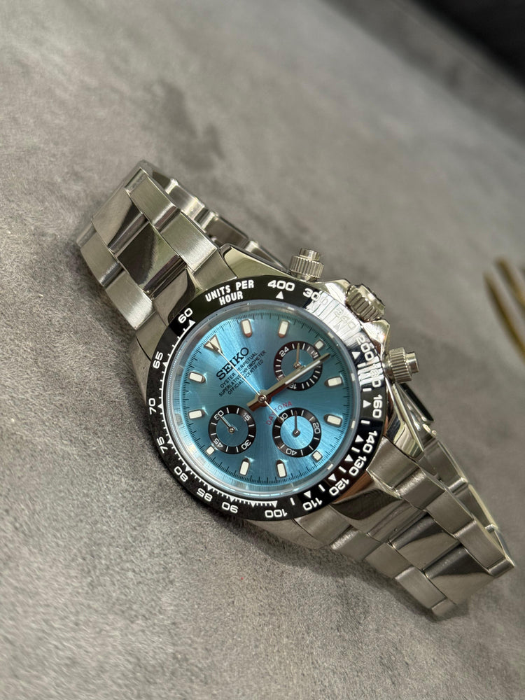 Custom Seiko Phantom chronograph watch, turquoise dial, 40mm