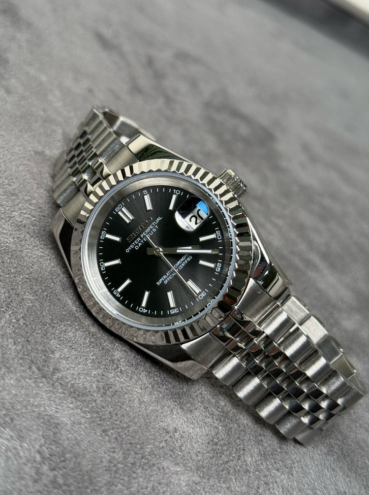 Custom Seiko DateJust style Index Numerals automatic watch, Black dial, 39mm