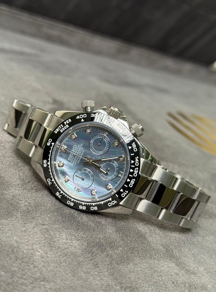 Custom Seiko Phantom – Blue Pearl Edition stone numbers chronograph watch, MOP dial
