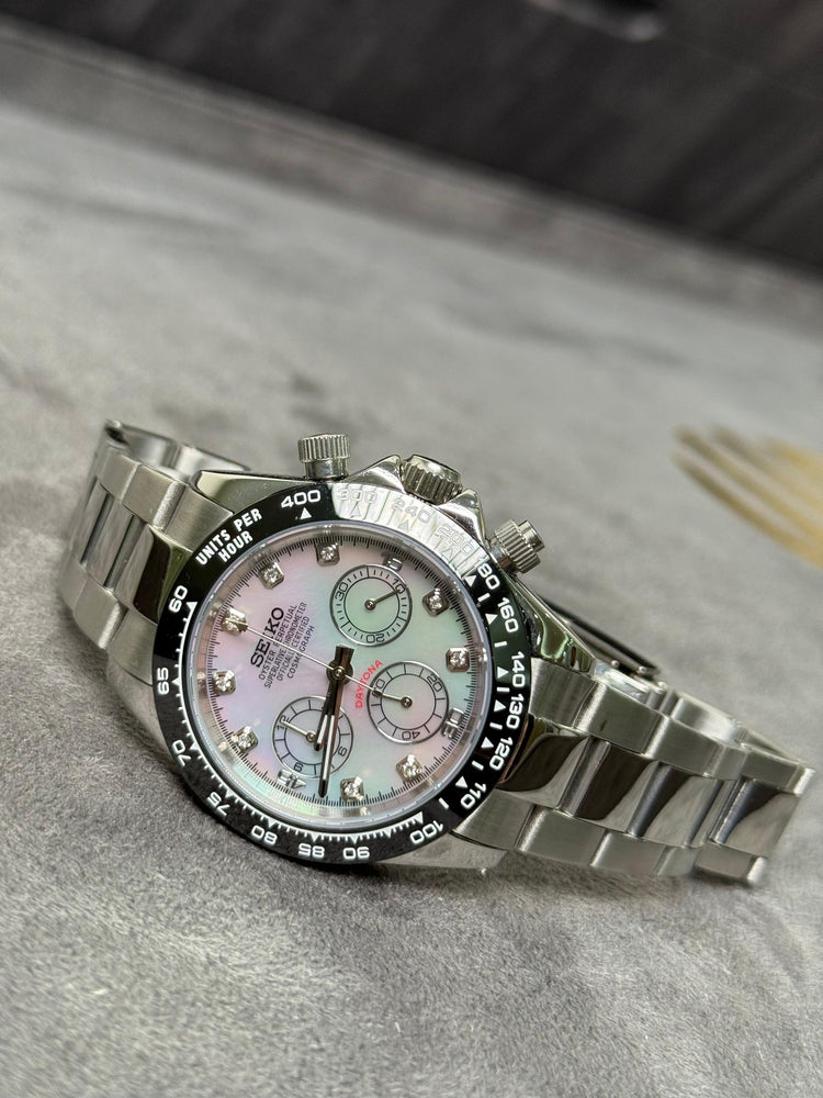 Custom Seiko Phantom – White Pearl Edition stone numbers chronograph watch, MOP dial
