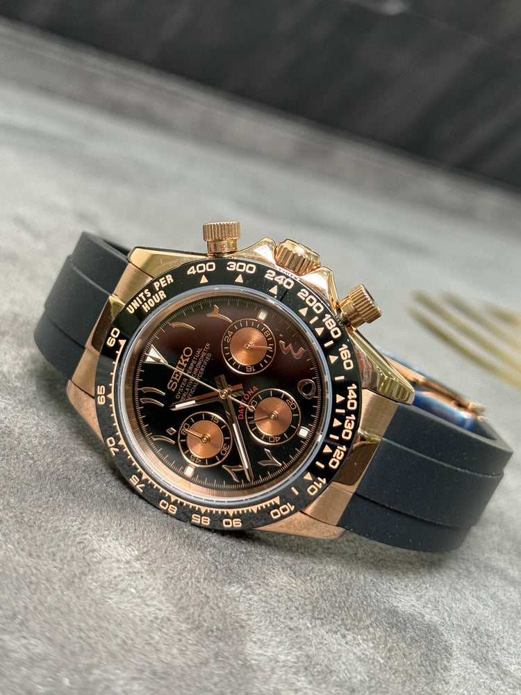 Custom Seiko Phantom – Black Dial – Arabic Numerals chronograph watch, Rose Gold dial