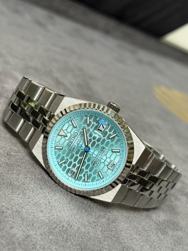 Custom Seiko Land Master automatic watch, turquoise dial, 40mm