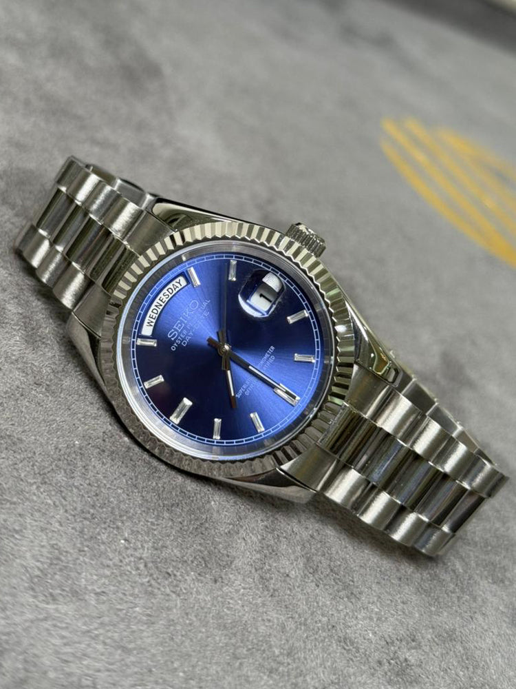 Custom Seiko DayDate style – Index Numbers automatic watch, Blue dial