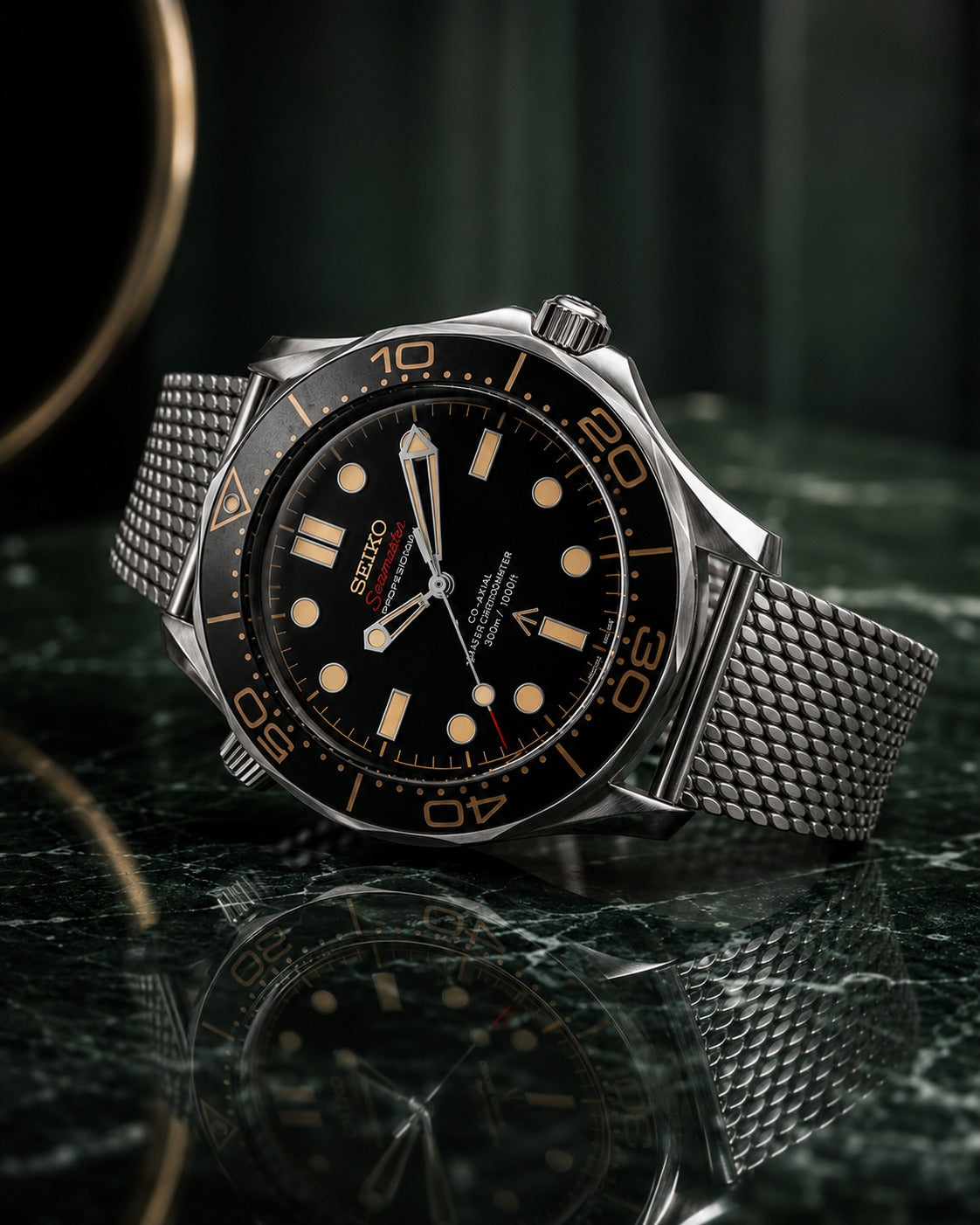 Seiko Amber Dusk on black marble with gold veining