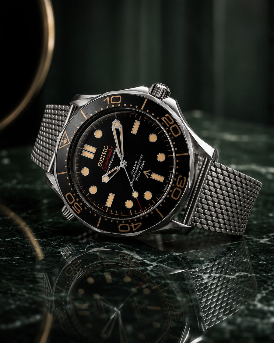 Seiko Amber Dusk on black marble with gold veining
