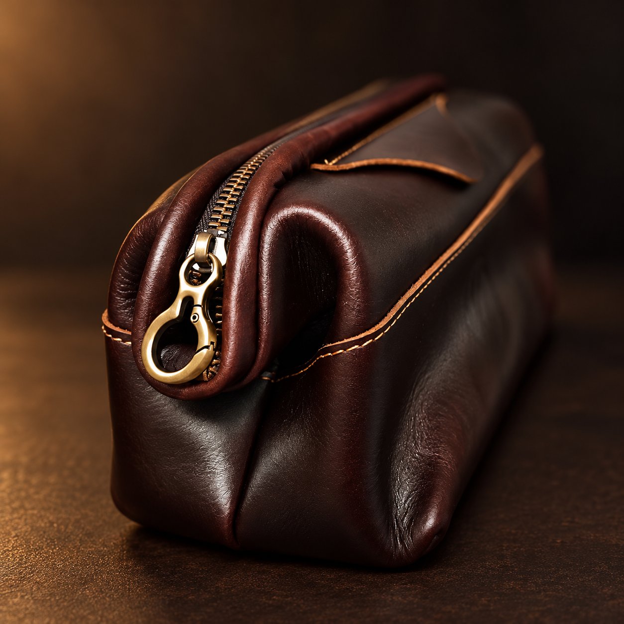 End view of the brass hook-style zip pull on the Vintage Coffee Leather Pouch