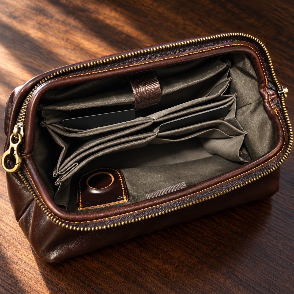Inside the Vintage Coffee Leather Pouch: olive-grey fabric lining with pockets and card slots